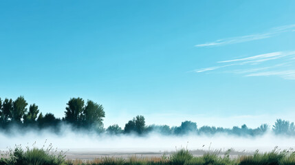 Obraz premium Morning mist over field with green grass and trees under clear blue sky creating calm and peaceful atmosphere in nature