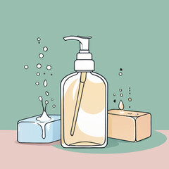 soap and soap dispenser and bubbles cartoon vector illustration