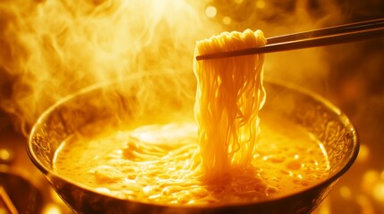 Golden Hour Ramen Noodles in a Dark Bowl