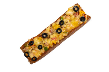 A rectangular pizza baguette with melted cheese, olives, peppers, and herbs is isolated on a white background.