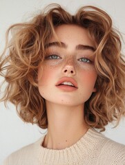 Naklejka premium Close-up portrait of a young woman's face. she has shoulder-length, curly blonde hair that is styled in loose curls that frame her face. her hair is parted in the middle and falls over her shoulders.