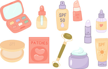 Set of skincare and beauty products in flat style