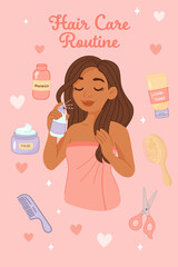 Hair care routine poster with brunette spraying hair mist