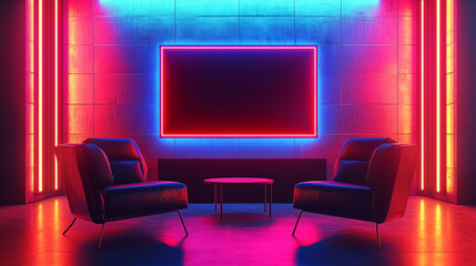Neon Room  Red Blue Lighting  Lounge Chairs  Empty Frame  Modern Interior Design