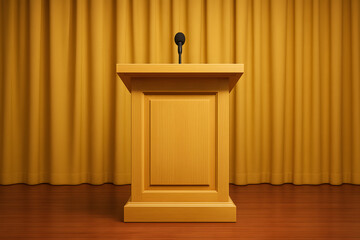 Wooden Podium with Microphone in Front of a Gold Curtain