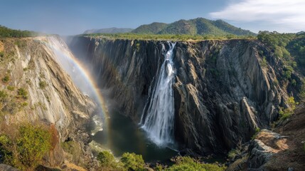 Obraz premium Majestic waterfall with vibrant rainbow and cascading water surrounded by lush greenery under dramatic natural lighting.