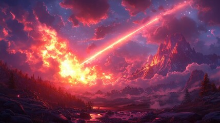 Fiery meteor streaks across a vibrant mountain landscape.