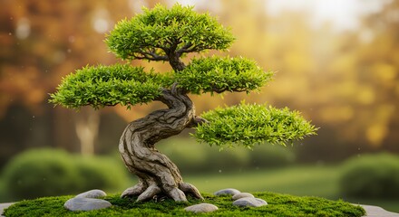 Detailed closeup showcasing the elegance of a meticulously cultivated bonsai tree against a soft, natural backdrop filled with hues of golden light and verdant foliage