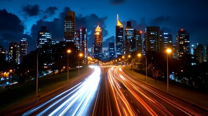 Fototapeta premium A city street at night with a tall building in the background