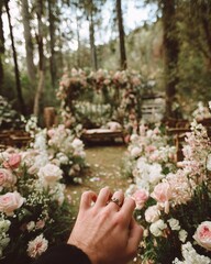Fototapeta premium Romantic outdoor wedding setup with floral decorations and a serene forest backdrop