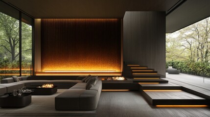 Modern minimalist living area with a captivating fireplace and outdoor views.  Sleek design with warm lighting