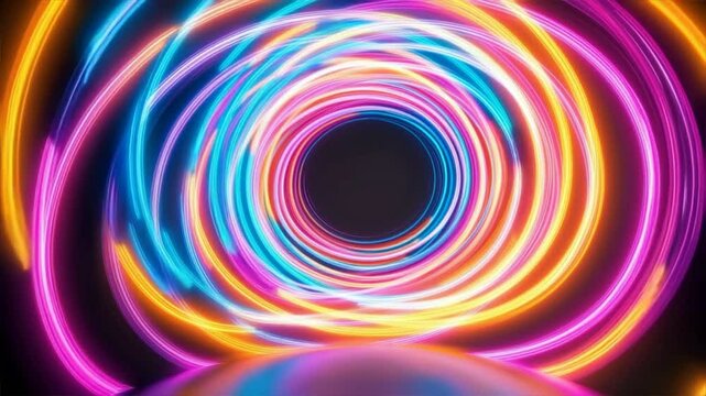 Vibrant neon light trails form a mesmerizing circular pattern, creating a dynamic sense of movement and energy.