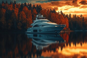 Obraz premium Luxury yacht reflected in calm waters at sunset, surrounded by colorful autumn trees and a vibrant sky.