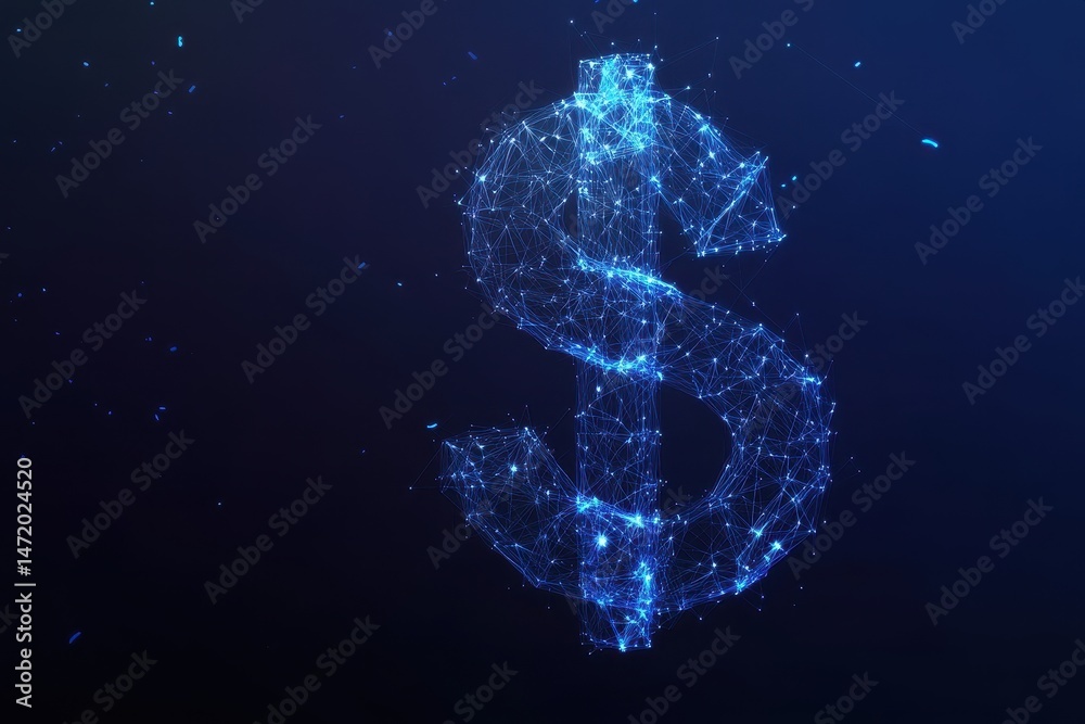 Poster abstract blue dollar sign composed of glowing points and lines on a dark background represents digit