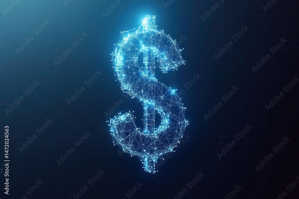 Poster abstract blue dollar sign consisting of glowing dots on a dark background financial and technologica