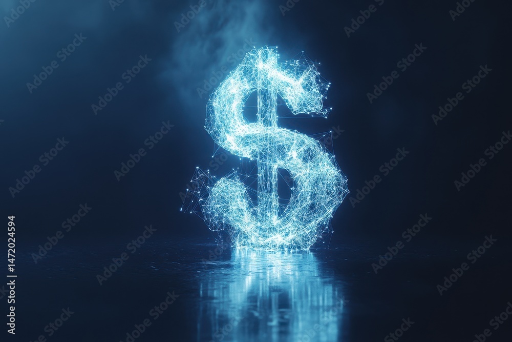 Poster Abstract Blue Dollar Sign Glowing with Digital Particle Effect on Dark Background Reflecting on the Floor Represents Future of Finance