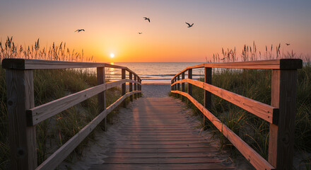 Naklejka premium Beach Path at Sunrise: Serene Walk to Paradise | Coastal Boardwalk, Golden Hour, Ocean View, Nature's Beauty & Tranquility
