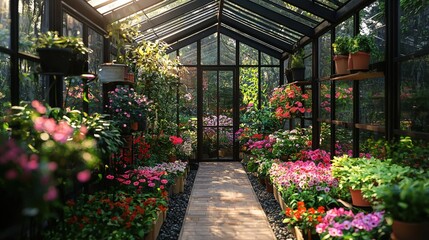 Interior greenhouse showcasing colorful plants and flowers.