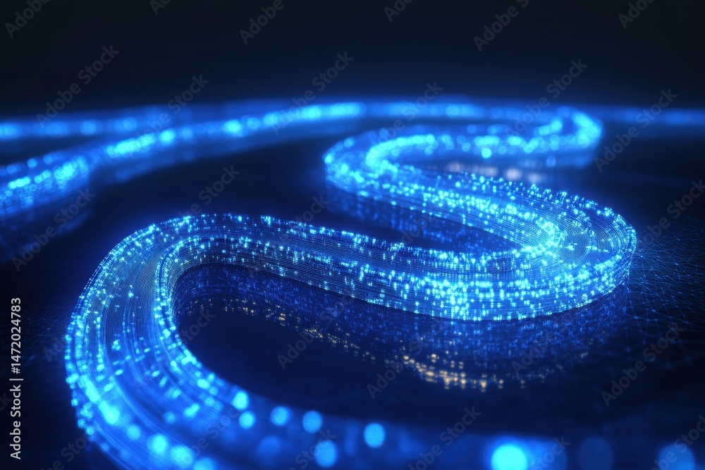 Aufkleber Abstract Blue Light Fiber Optics on Dark Surface Background for Technology Concepts and Modern Communication with Glowing Data Stream and Digital Connection
