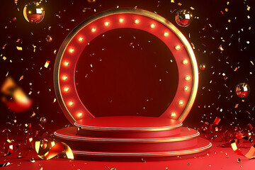 Obraz premium Festive Red Podium with Golden Lights Confetti