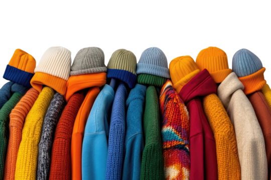Colorful winter apparel collection  Rows of various knitted sweaters and hats in vibrant hues - Powered by Adobe