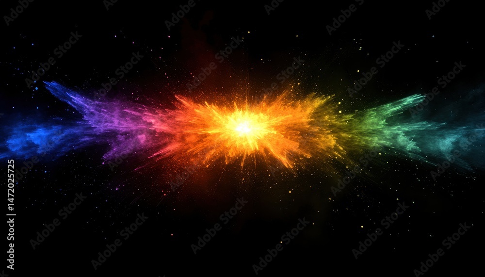 Poster abstract explosion of rainbow colored light energy on black background for modern design project and