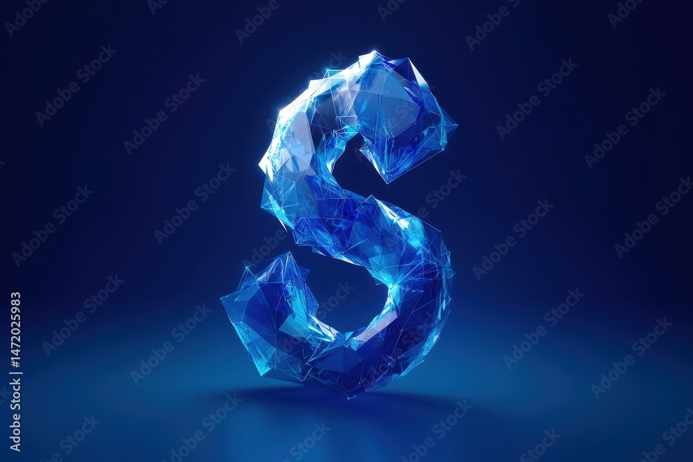 Poster abstract geometric blue crystal letter s on dark blue background represents digital typography art a