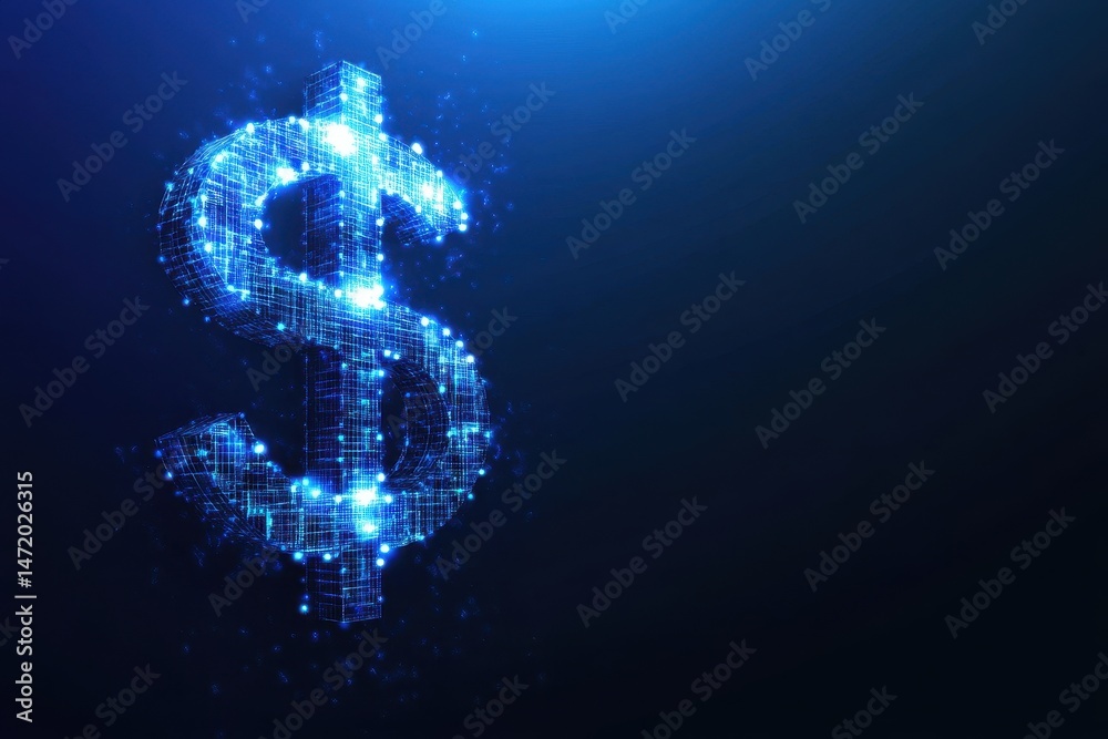Poster abstract glowing dollar sign on dark blue background with sparkles depicting financial and digital c