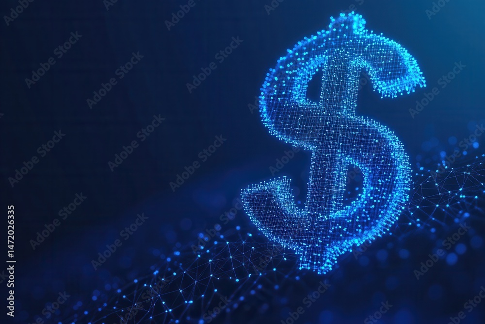 Poster abstract glowing dollar symbol with connected dots on dark blue background representing digital fina