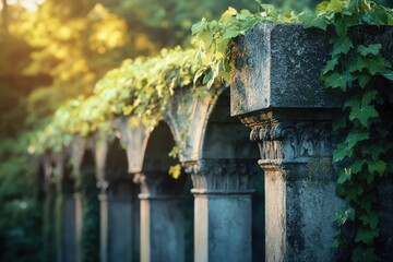 Naklejka premium A weathered stone pergola with leafy vines basks in the golden light, creating a serene and historic atmosphere.