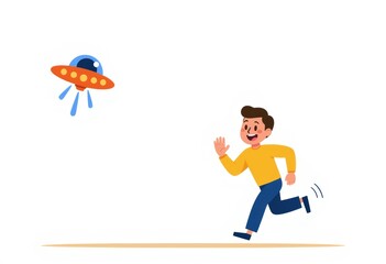 Cartoon man running from a UFO on a white background  