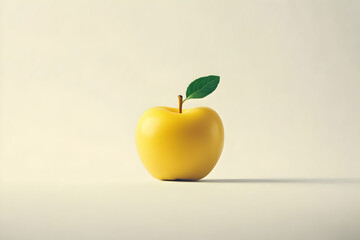 Single vibrant yellow apple with leaf