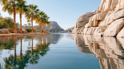 Obraz premium Tranquil Pool Reflecting Palm Trees and Cliffs under a Bright Sky