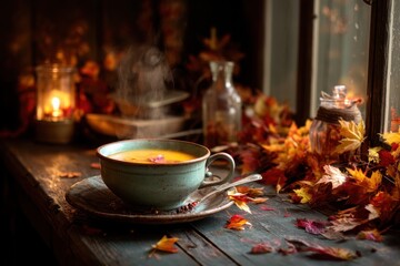 A cozy autumn scene with a steaming bowl of pumpkin soup, evoking comfort and nostalgia