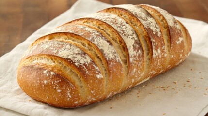 Golden Brown Crusty Artisan Bread Loaf on Linen