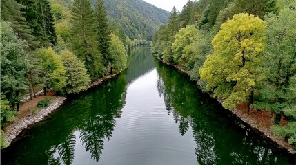Obraz premium Tranquil River Scene with Lush Green Trees and Reflections