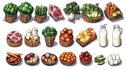 Variety of fresh produce and meat in woven baskets