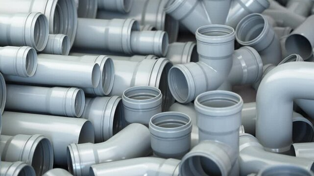 PVC plastic pipes and tubes for sewage systems in warehouse. 3d animation