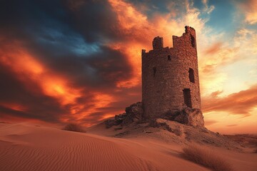Obraz premium Ancient stone tower ruins standing tall in a desolate desert landscape beneath a fiery, dramatic sky.