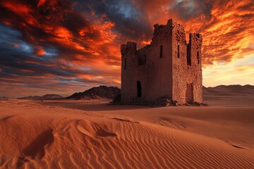 Obraz premium Ancient stone ruin standing against the vibrant, fiery hues of a desert sunset, sculpted by sands.
