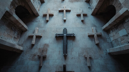Nine stone crosses adorn a weathered church wall, a central dark cross commanding attention.  The ancient architecture creates a solemn, spiritual atmosphere. : Generative AI
