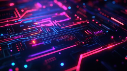Obraz premium Colorful Digital Circuit Board with Neon Lights in Dark Background