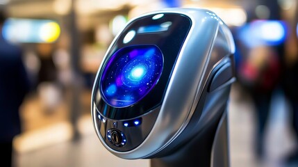 Fototapeta premium A robot with a blue face is in a busy area with people walking around