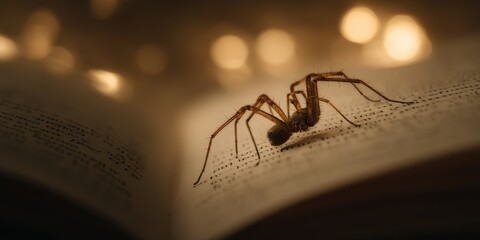 Close-up of spider on open book pages