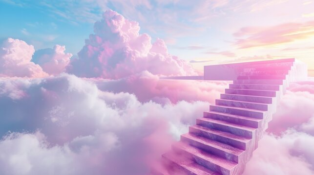 A staircase to the clouds in a pastel-colored world stock photo --ar 16:9 --raw --v 6 Job ID: d771ad92-abcb-499b-b125-2ee4d8f2ca37