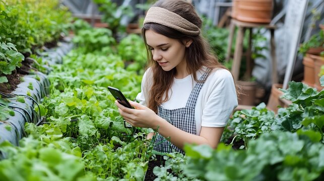 Young woman using her smartphone to control a smart irrigation system set in a futuristic sustainable urban garden The focus is on technology's role in urban farming