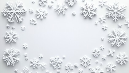 Delicate White Snowflakes Arranged on a Light Glittery Background Forming Frame for Winter and Christmas Holiday Season Celebrations Still Life with Soft Lighting