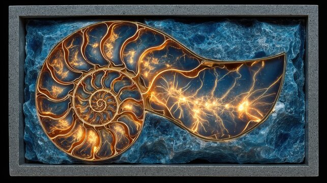 Glowing Ammonite Fossil in Blue Stone Frame Artistic Nature