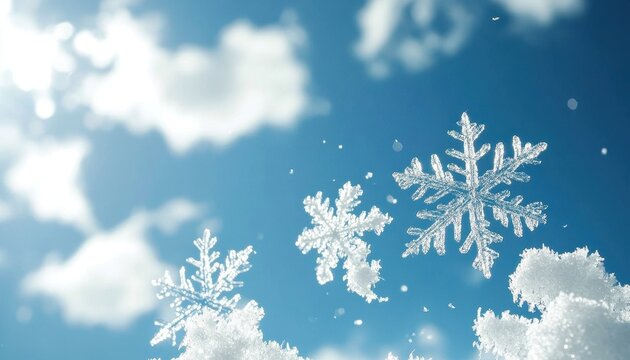 Delicate White Snowflakes Against a Soft Blue Sky with Fluffy Clouds Creating a Winter Holiday Season Festive and Cold Weather Atmosphere