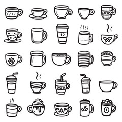 Set of Cute Tea or coffee cup vector doodle hand drawn line illustration
